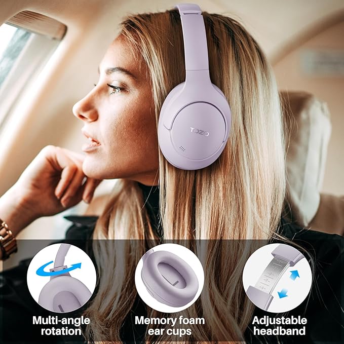 TOZO HT2 Hybrid Active Noise Cancelling Headphones, Wireless Over Ear Bluetooth Headset, 60H Playtime, Hi-Res Audio Custom EQ via App Deep Bass Comfort Fit Ear Cups, for Home Office Travel