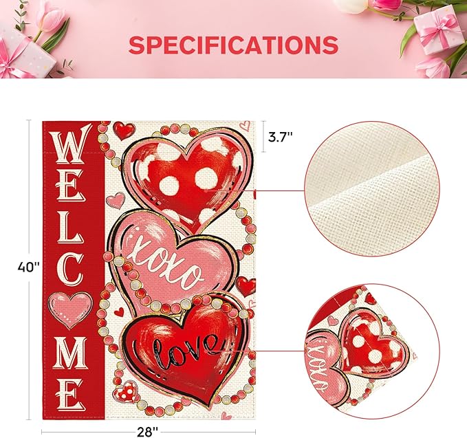 AVOIN colorlife Love Hearts Valentines Day House Flag 28x40 Inch Double Sided Outside, XOXO Welcome Anniversary Yard Outdoor Flag