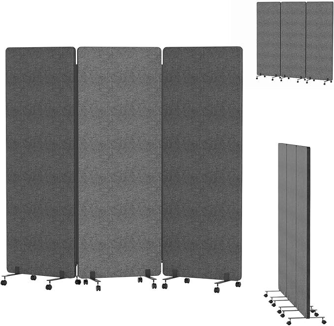 Soundproof Room Divider Panel with Wheels, 66in Portable Office Partition Screen, 3 Panel Temporary Wall Divider for Sound Proof Separation, Cubicle Privacy Panels for Desk (Dark Gray)