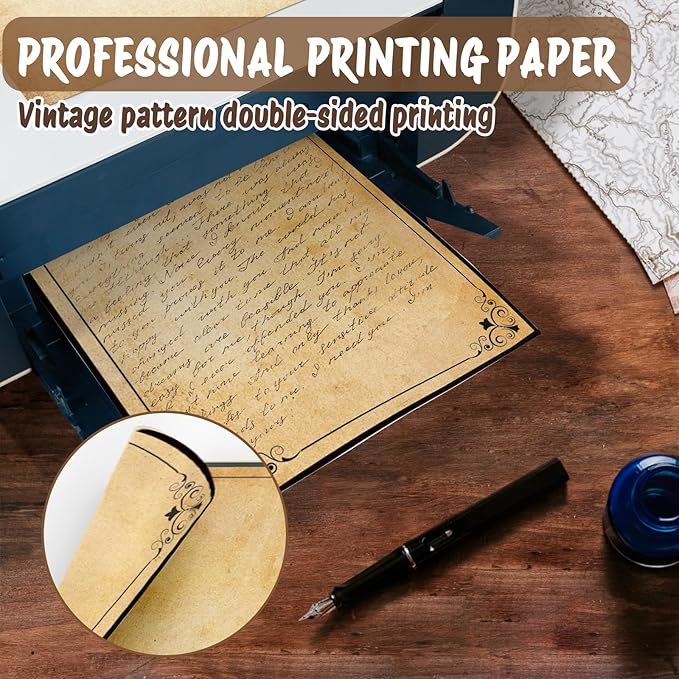 Tlenpo Stationery Vintage Antique Design Printing Writing Papers 8.5 x 11 in, 80 Sheets, Old Age Printer Papers, Retro Painted Border Letterhead, Double Sided Printing Paper, 8 Designs