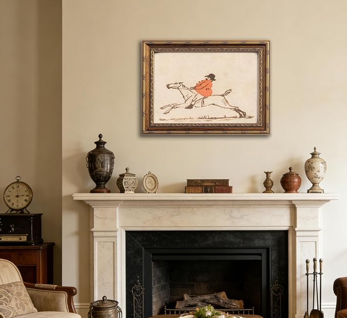 Vintage Gold Framed Hunting Equestrian Canvas Wall Art Horse and Rider Wall Decor Riding Horse painting Picture Retro Rustic Farmhouse print artwork for Farmhouse Bedroom Living Room 12X16in
