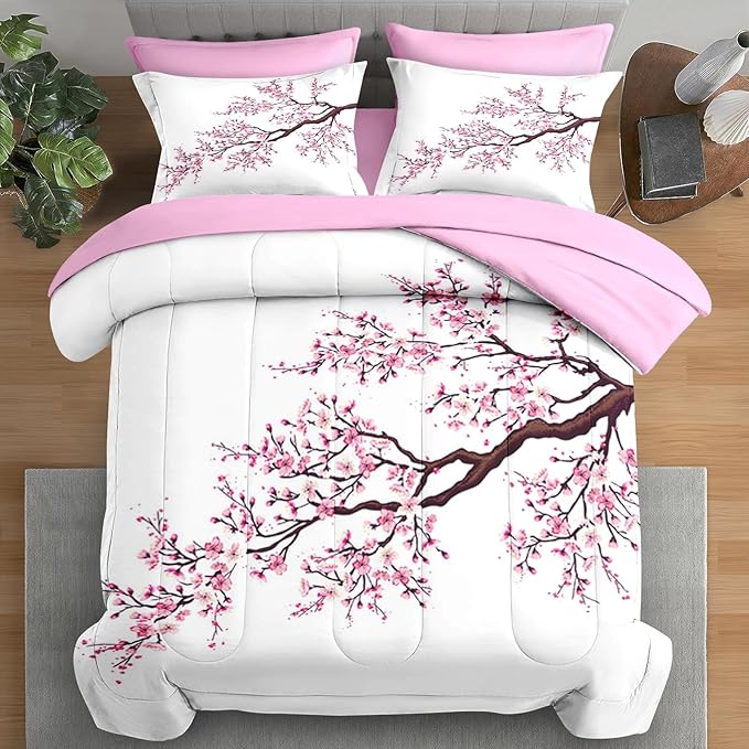 Comforter Set King Size, Japanese Cherry Blossom 7 Pcs Bedding for Kids and Adults, Flower Painting Pink Bed Sheet Sets with Fitted Sheet 2 Pillowcase & 2 Sham for Bedroom Bed Decor