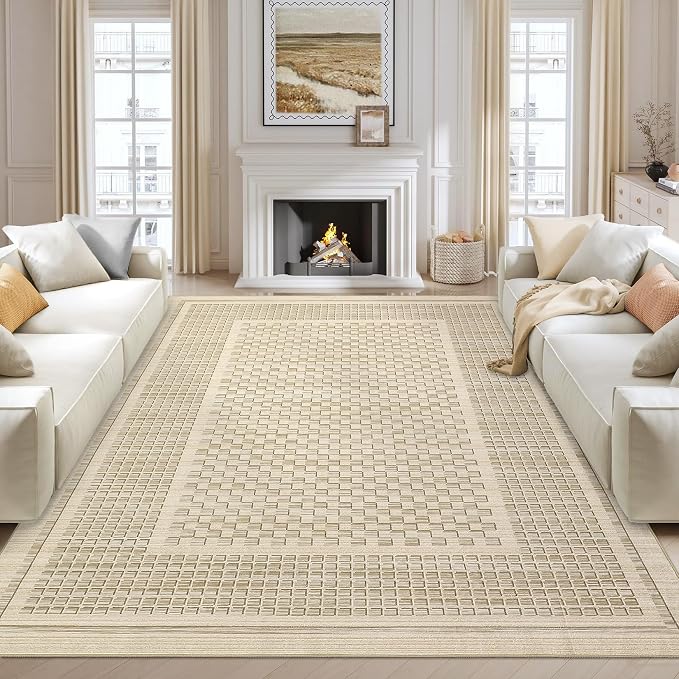 Washable Area Rug 5x7 Rug for Living Room Modern Large Area Rug for Bedroom Aesthetic Non Slip Throw Rugs Soft Faux Wool Low Pile Stain Resistant Carpet for Dining Room 5'x7' Beige