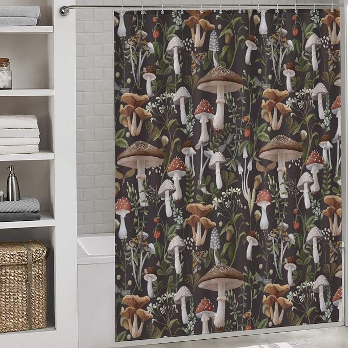 Mushroom Shower Curtain, RFarmhouse Country Wild Floral Botanical Mushroom Cottagecore Nature Plants Leaves Herbs Black Waterproof Fabric Bathroom Shower Curtain Set with Hooks, 72"x72" Inch