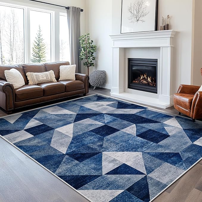 8x10 Navy Blue Area Rug Modern Geometric Blue White Beige Bedroom Rug Soft Low Pile Thin Large Carpet Living Room Non Slip Dining Room Stain Resistant Office Washable Machine