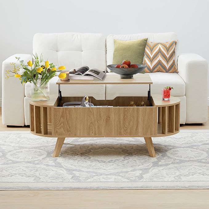 Janmer Home Small Lift Top Coffee Table with Storage, 47.3" Mid Century Modern Curved Coffee Table, Oval Center Table with Lift Tabletop for Living Room, Office (Natural)