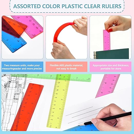 50Pcs 6 Inch Rulers with Inches and Centimeters in Bulk，Plastic Ruler in Assorted Colors, Clear Ruler, Transparent Rulers Bulk for Students Back to School Office Supplies(50Pcs)