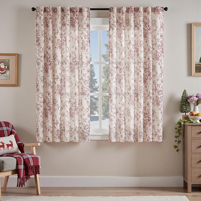 jinchan Linen Blend Curtain Floral Curtains for Living Room 54 Inch Length Christmas Brick Red Printed Curtain Rod Pocket Back Tab Farmhouse Peony Flower Patterned Drapes Curtains Set 2 Panels