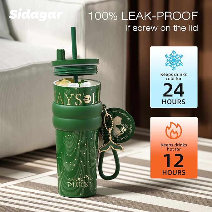 24 oz Tumbler with Lid and Straw, Insulated Coffee Mug Leak Proof, Portable Iced Travel Water Bottle, Reusable Thermal Coffee Cup, Gifts for Women, Emerald Green