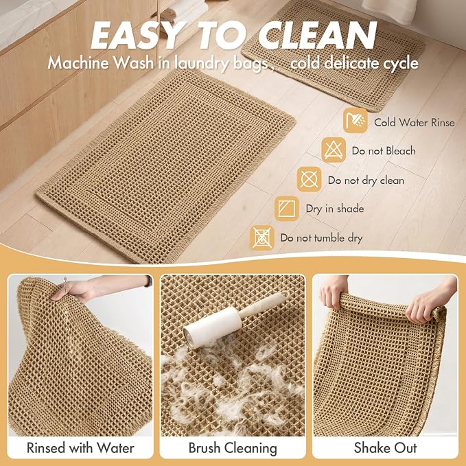 MIULEE Set of 2 Waffle Bathroom Rugs, Boho Bath Rug Super Absorbent, Non Slip Washable Ultra Soft Rubber Backed Shower Bath Mats for Floor, Tub, Shower, Looped Design, Brown, 18x30 Inch