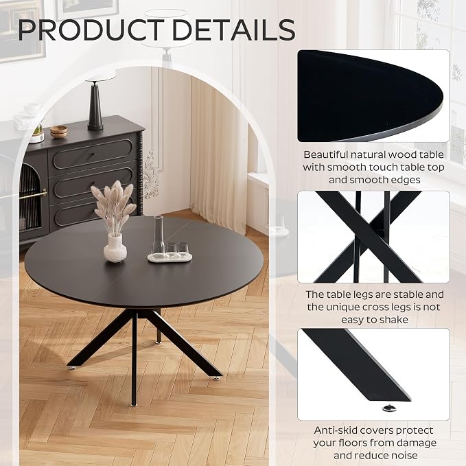 RGZ Mid Century Black Round Dining Table Set for 4, 47" Large Wooden Circle Kitchen Table & 4 Black PU Leather Kitchen Chairs, Dinner Table Set for Home, Apartment, Dining Room