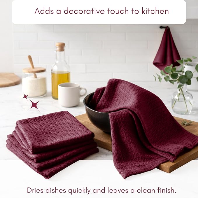 TWINY threads Dish Towel Waffle Texture, Pack of 12, 16x26 Inches, Large 100% Cotton Kitchen Linen Set, Absorbent Cloths for Drying Dishes and Cookware, Quick Drying, Machine Washable, Burgundy Wine
