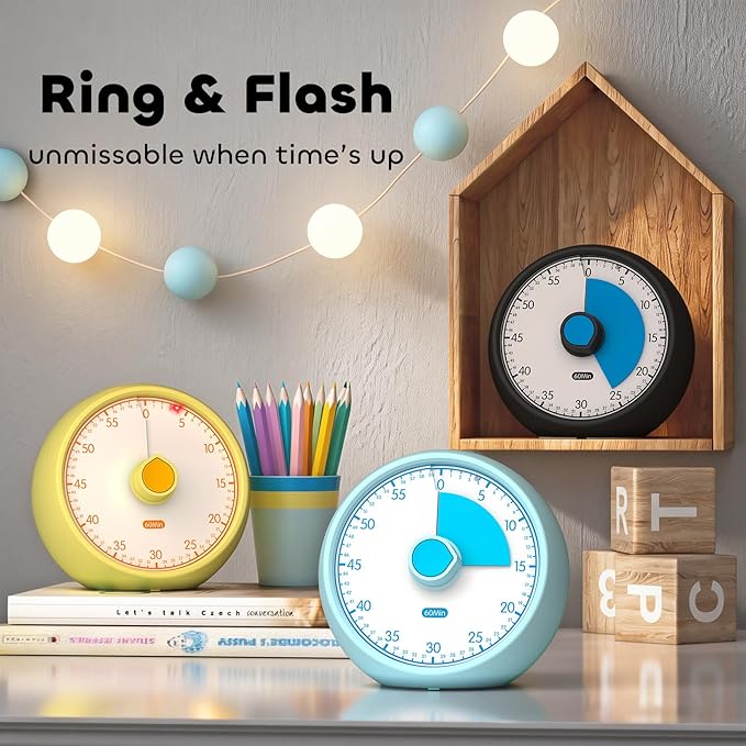 Conchstar Visual Timer 60-Minute Countdown Timer with Optional Alarm, Focus Tool for ADHD & Autism, Time Management for Homework, Chores, Office, Kitchen, Teaching & Study Routines (Yellow)