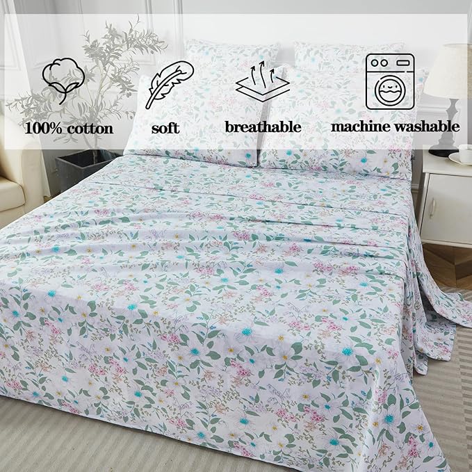 FADFAY Cal King Size Sheets Set 100% Cotton Vintage Floral Shabby Flowers & Leaves Pattern Farmhouse Bedding Set Deep Pocket Sheets with 2 Pillowcases Breathable Soft 4Pcs, Cal King
