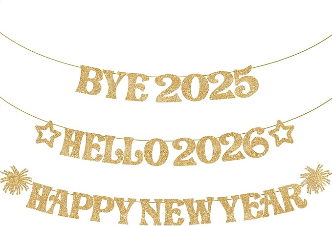 KatchOn, Glitter Gold Happy New Year Banner - 10 Feet, Bye 2025 Hello 2026 Banner | Happy New Years Decorations, Happy New Year 2026 Sign | New Years Eve Party Supplies 2026 | Nye Decorations 2026
