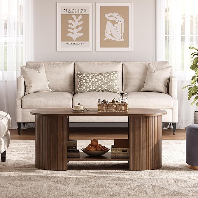OneBlis Oval Fluted Coffee Table, 2-Tier Center Table with Large Storage, Mid-Century Modern Wood Coffees Table for Living Room, Home Office, Small Space, Walnut