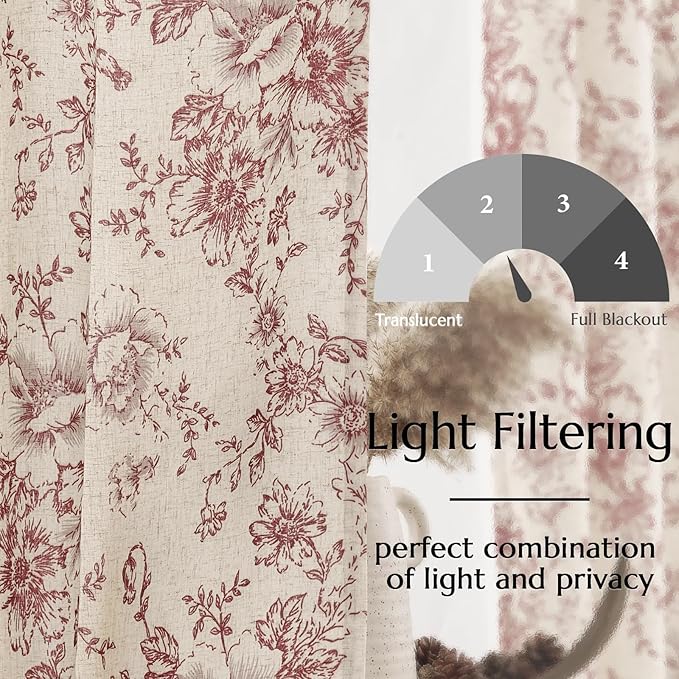 jinchan Lined Linen Blend Curtain Floral Curtains for Living Room 63 Inch Length Christmas Red Peony Flower Printed Curtain Rod Pocket Back Tab Farmhouse Patterned Drapes Curtains Set 2 Panels