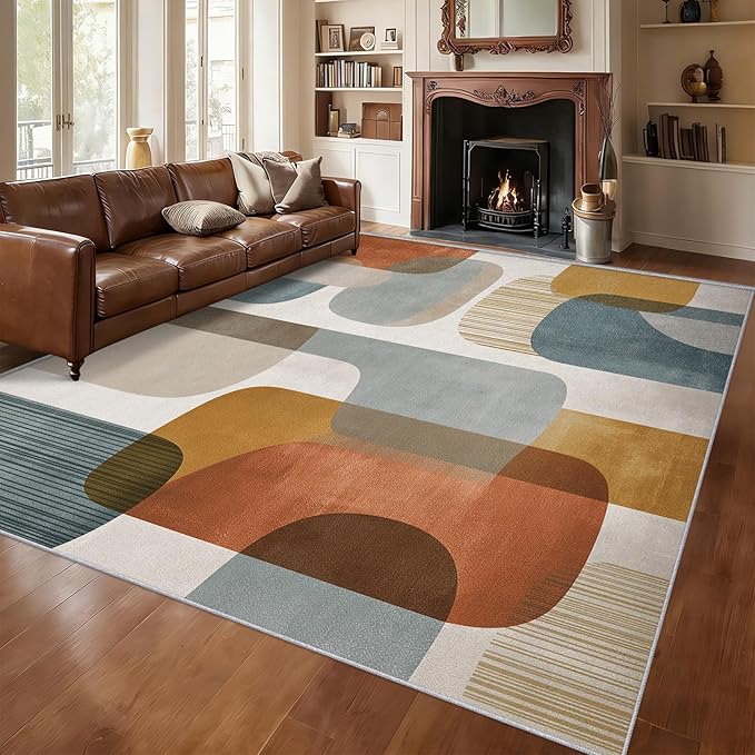5x7 Mid Century Geometric Rugs for Bedroom Decor, Washable Mid Century Modern Pattern Area Rug, Living Room Home Decoration, Non Slip Soft Thin, Modern Abstract Decor Carpet PF-P 117
