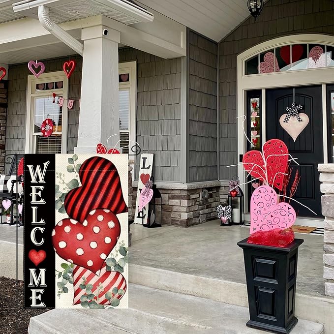 AVOIN colorlife Valentines Day Welcome Garden Flag 12x18 Inch Outside Double Sided, Anniversary Love Heart Rustic Yard Outdoor Decoration