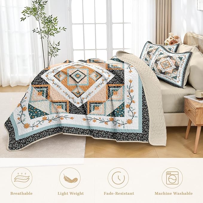 Quilt Set Twin Size, Farmhouse Floral 2 Pcs Soft Bed Cover Bedding Set, Boho Rustic Geometric Lightweight Bedspread Coverlet with Pillow Sham for All Season