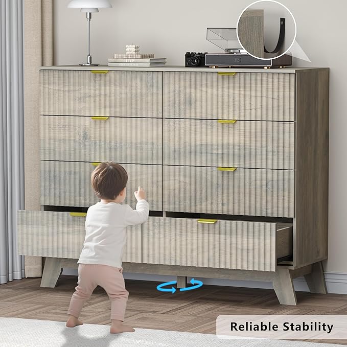 BORNOON Fluted 8 Drawer Tall Dresser, 47.2" Wide Modern Boho Chest of Drawers, Wooden Storage Dresser TV Stand for Bedroom, Living Room, Closet, Hallway, Curved Profile Design