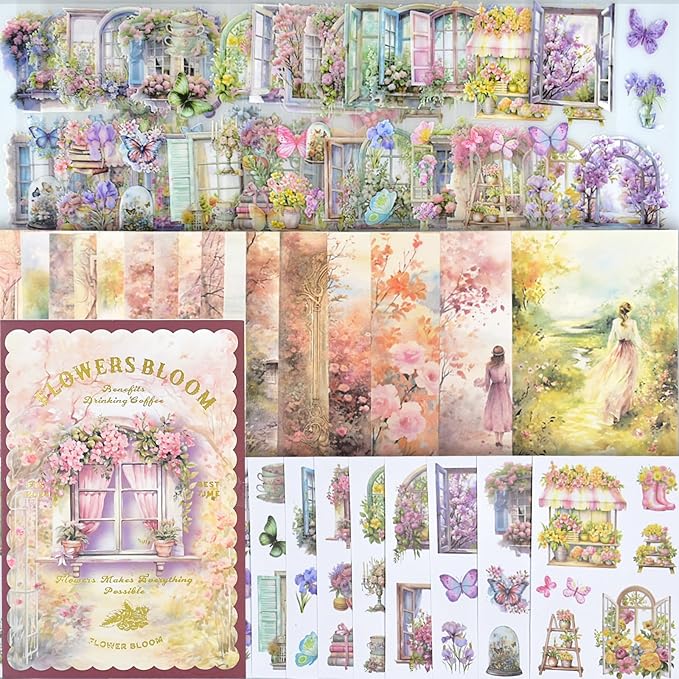 Plants Floral Scrapbook Stickers 54Page Vintage Natural Butterfly Garden Flowers Stickers Books for Scrapbooking Supplies Aesthetic Junk Journal Journaling Craft