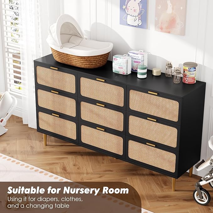 Garvee Rattan Dresser with 9 Drawers, Tall Modern Closet with Deep Storage, Large Chest of Drawers with Wide Top, Long Wooden Dresser for Bedroom, Living Room, Hallway, Kids Room, Black