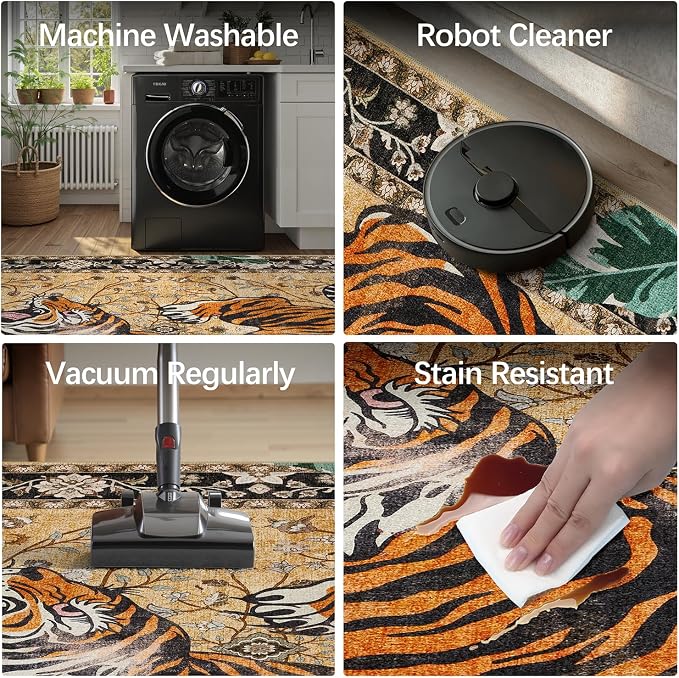 DCX Washable 5x7 Tiger Area Rug, Brown Vintage Animal Rug for Living Room, Soft Low Pile Carpet, Kid & Pet Friendly with Rubber Back Non Slip, Stain Resistant Rug for Bedroom Dining Room Office