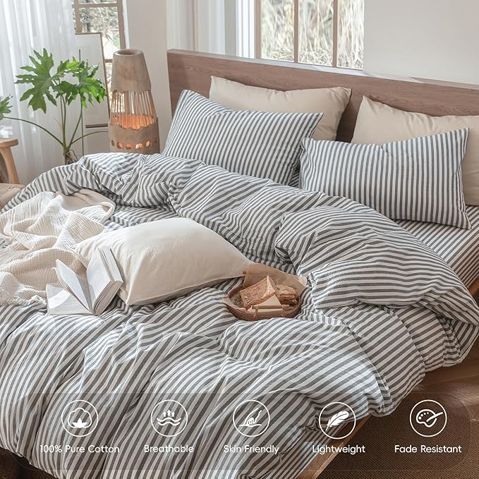 MooMee Striped Duvet Cover Set 100% Washed Cotton Linen Like Textured Breathable Durable Soft Comfy (Dark Grey White Classic Stripes, King 104"x90")