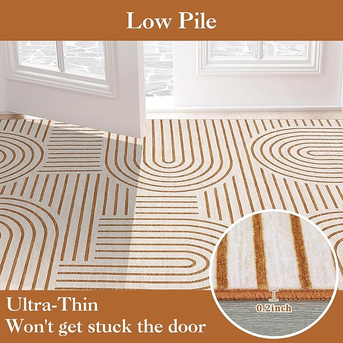 9x12 Area Rug Washable Modern Abstract Rugs for Living Room Non Shedding Soft Bedroom Boho Carpet Ultra-Thin Low Pile Living Room Floor Covers Abstract Line Carpet for Playroom Kids Room, Orange
