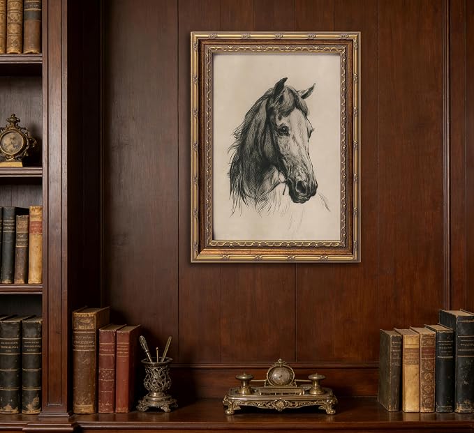 Vintage Gold Framed Horse Sketch Canvas Wall Art Retro Horse Wall Decor Vintage Farmhouse Animals Sketch Print Artwork Retro Rustic painting Picture for Farmhouse Bedroom Living Room 9X11in