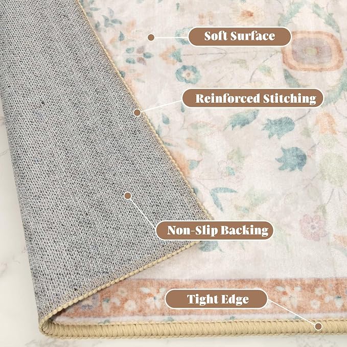 MUJOO 3x5 Rug Washable,Floral Area Rugs for Bedroom Bedside Entryway Living Room Kitchen,Floral Boho Small Indoor Floor Rug Non Slip Throw Carpet Low Pile Vintage Beige