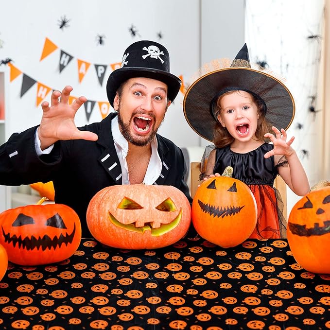 Halloween Tablecloth, 2-Pack Disposable Table Cloths, Pumpkins and Spider Web Plastic Covers, 54 x 108 Inches, Party Decorations