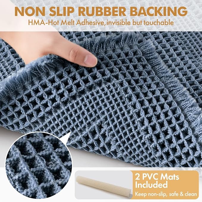 MIULEE Set of 2 Waffle Bathroom Rugs, Boho Bath Rug Super Absorbent, Non Slip Washable Ultra Soft Rubber Backed Shower Bath Mats for Floor, Tub, Shower, Looped Design, Blue, 17"x24"+18"x30"