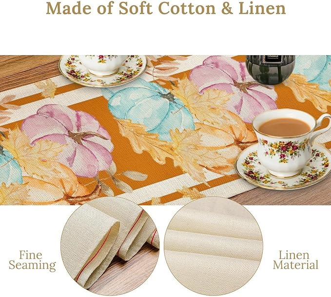 Watercolor Pumpkin Table Runner Rustic Farmhouse Autumn Plants Colorful Leaves Pastoral Harvest Theme Home Decor for Farmhouse Indoor Outdoor Party Holiday Dining Kitchen Restaurant Cafe W13xL120in
