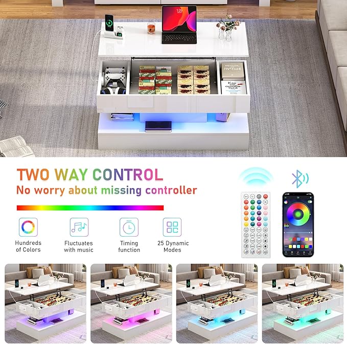 39.4" Large Lift Top Coffee Table,Modern High Glossy LED Coffee Tables for Living Room with Storage,Black Living Room Tables for Living Rooms,Dining Room,Bedroom Home Office,APP LED Lights（White）