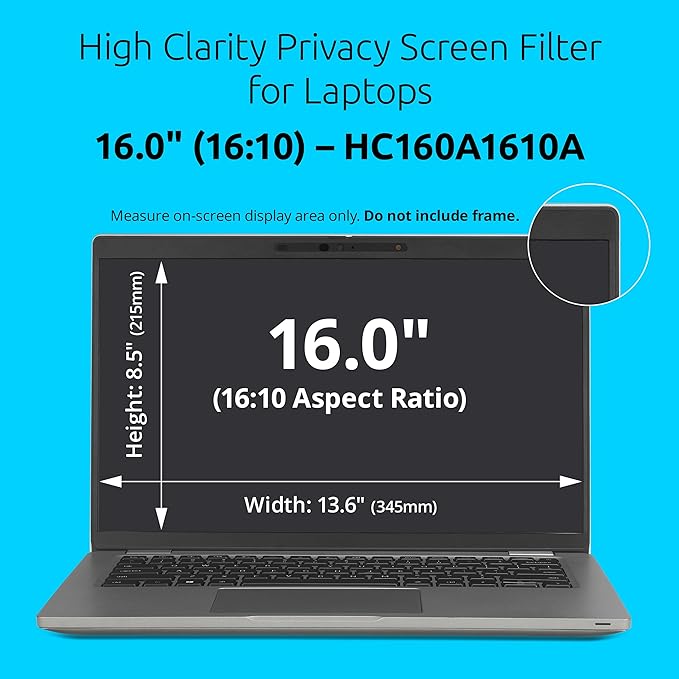 Kensington High Clarity Privacy Screens Filter for 16 inch 16:10 Laptops, Easy Installation Privacy Filter, Anti-Glare, 2H Hardness Protection, Compatible with HP Lenovo Samsung Asus HC160A1610A