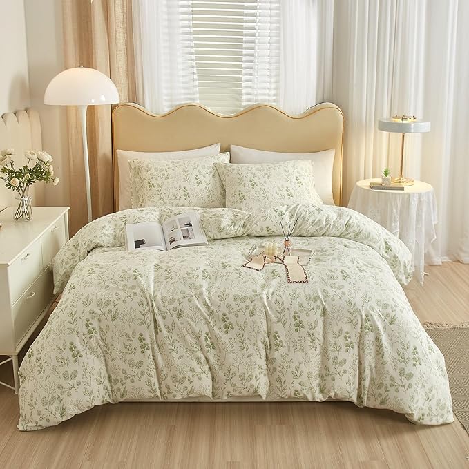 Garden Style Green Floral Comforter Set King Fluffy Soft Microfiber Boho Floral Bedding Comforter King Vintage Flower Leaves Botanical Comforter for All Seasons Cottagecore Bedding Comforter Set