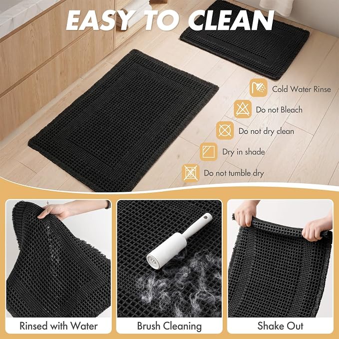 MIULEE Set of 2 Waffle Bathroom Rugs, Boho Bath Rug Super Absorbent, Non Slip Washable Ultra Soft Rubber Backed Shower Bath Mats for Floor, Tub, Shower, Looped Design, Black, 17x24 Inch