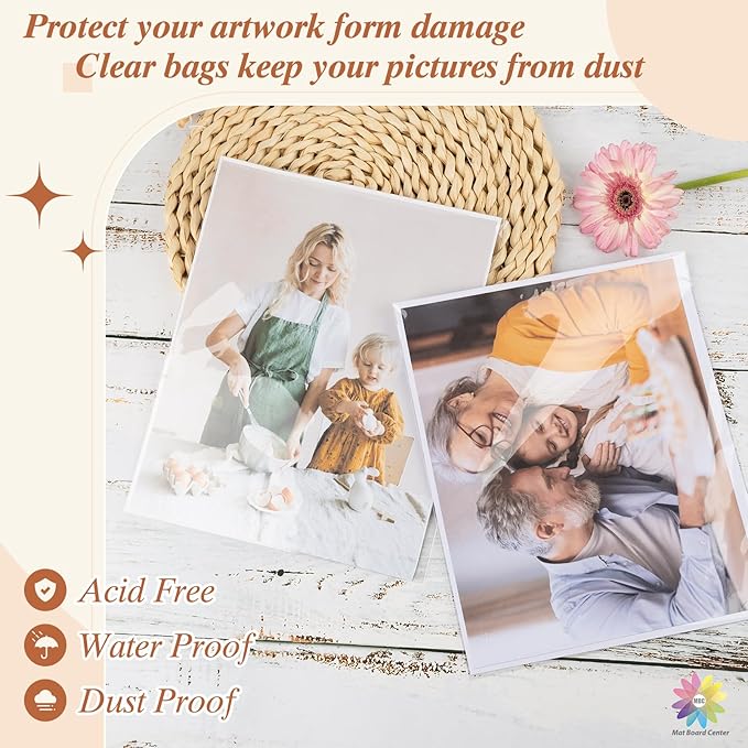 Mat Board Center 8x11 Inches Crystal Clear Sleeves Storage Bags, 100 Pack Self Sealing Cellophane Bags for 8x11 Prints, Photos, Collectible Magazines