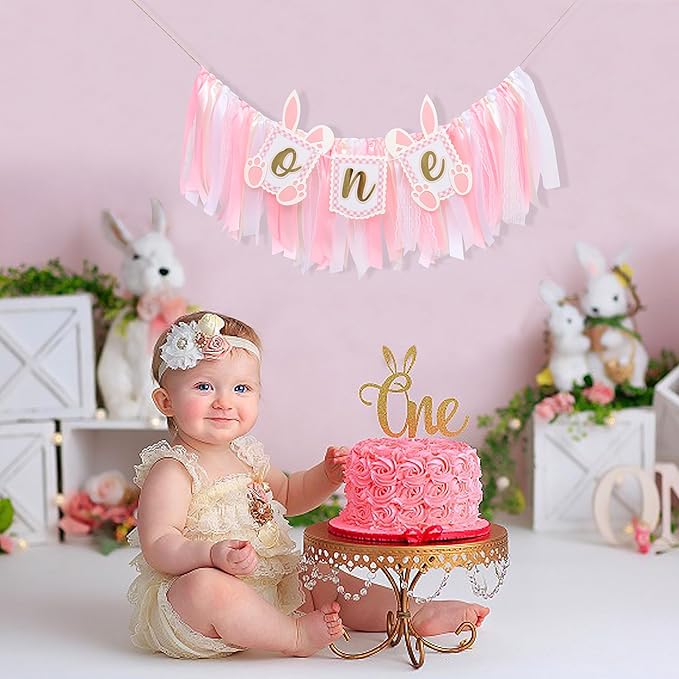 Pink Bunny One High Chair Banner - Some Bunny Is One Banner, Easter Bunny 1st Birthday Highchair Banner, Bunny Princess 1st Birthday Decorations, Pink Ribbon High Chair Garland (Bunny Banner One)