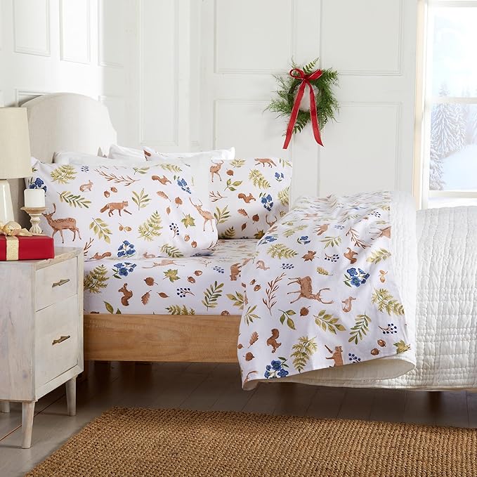 Market & Place 100% Cotton Twin Flannel Sheet Set | 3 Piece Deep Pocket Novelty Cozy Winter Bed Sheets | Double Brushed for Extra Softness & Comfort | Alpine Collection (Twin, Woodland Forest)
