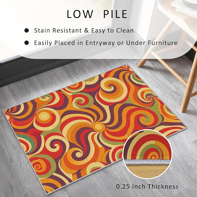 70s Retro Rug Large 7x10 Swirl Psychedelic Groovy Hippie Pop Pattern Area Rugs for Living Room, Bedroom, 70s Retro Home Decor Accessories Indoor Carpet, Non Slip & Machine Washable, GD0321