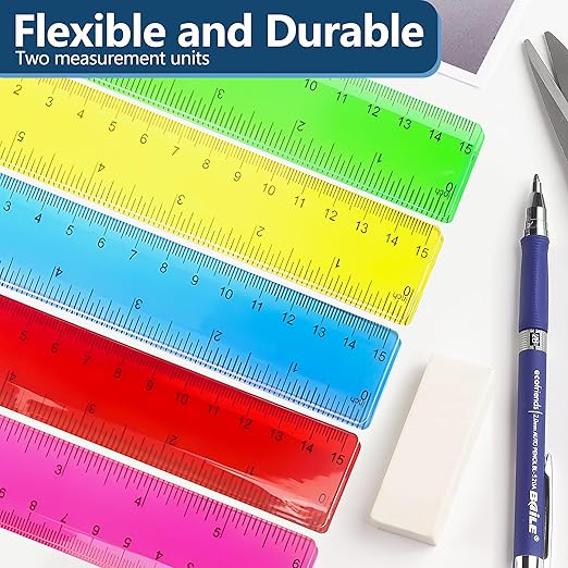 30Pcs 6 Inch Rulers with Inches and Centimeters in Bulk，Plastic Ruler in Assorted Colors, Clear Ruler, Transparent Rulers Bulk for Students Back to School Office Supplies(30Pcs)