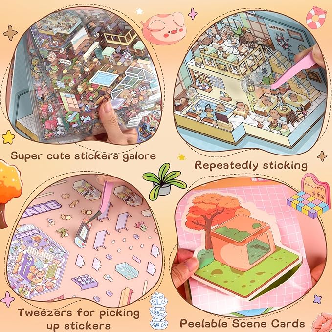 ASTARON 20 Sets DIY 3D Sticker Scene Book Sticker Therapy for Adults, Make Your Own Mini Cozy Shop House Room Stickers Cute Cartoon Miniature Stickers Relief Stress Pass The Time