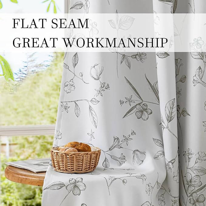ChrisDowa 100% Blackout Floral Curtains 63 Inches Long 2 Panels for Bedroom Living Room Grey Flower Patterned Room Darkening Thermal Insulated Soundproof Grommet Window Treatments Drapes,52X63
