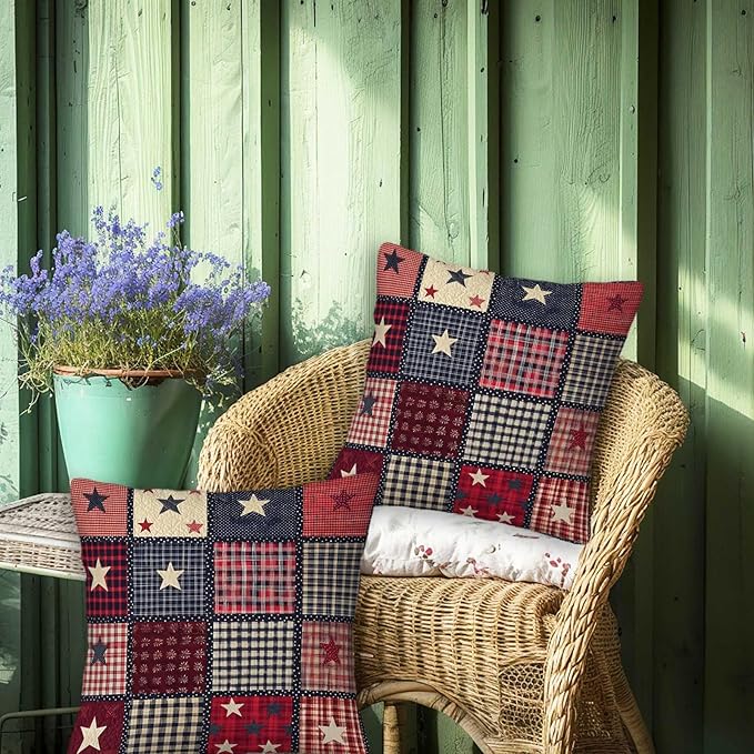 Flag Patchwork Print Throw Pillow Covers Set of 2 | 18x18 Inches Cushion Cases for Couch, Sofa, Bedroom and Living Room | Farmhouse Pillowcases for Home Decoration