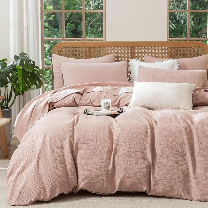 King Duvet Cover Dusty Rose, Luxury Soft Double-Layer Crinkle Gauze Rose Pink Duvet Cover, 3 Pieces Bedding for All-Season, Breathable with Zipper Closure & Corner Ties