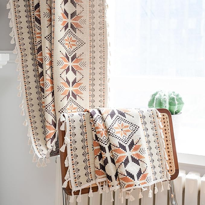 Boho Curtains 63 Inch Length 2 Panels Geometric Patterned Drapes Bohemian Semi Sheer Rod Pocket Tassel Short Window Curtain Panels for Bedroom Living Room Farmhouse Coffee Brown Vintage Rustic Curtain