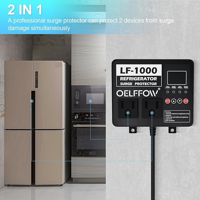 Refrigerator Surge Protector, Time Delay and Real-time Display, Voltage Protector, 2 Outlet Surge Protector for Home Appliances, with Mounting Screws, Black